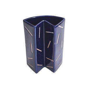 Vintage Stoneware Geometric Vase Retro MCM Rare HTF Cobalt Blue Glazed 6 5/8"